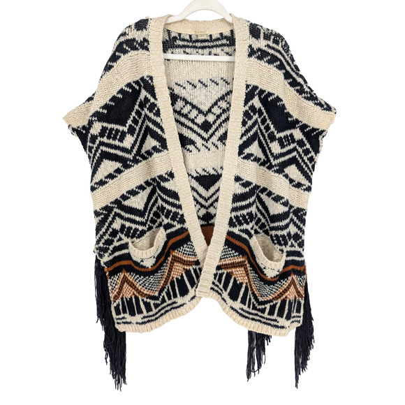 VTG Forever 21 Southwestern Fringe Ranch Aztec Equestrian Boho Sweater Poncho OS - Picture 2 of 8